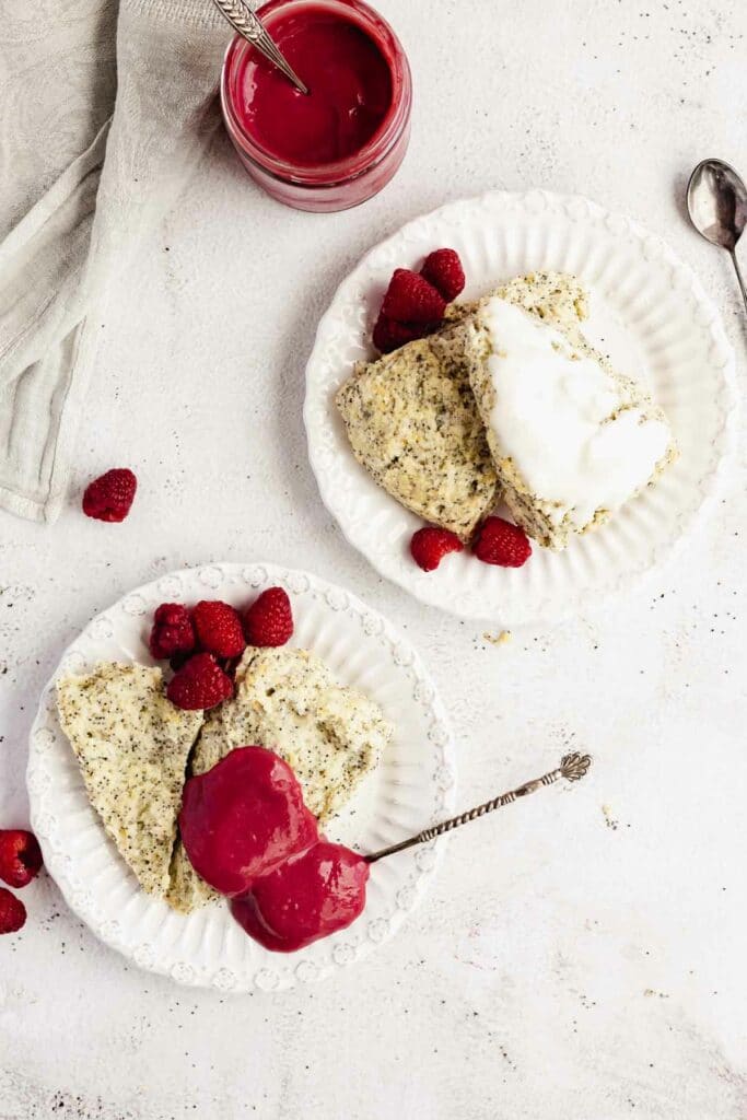 raspberry curd served with lemon poppy seed scones