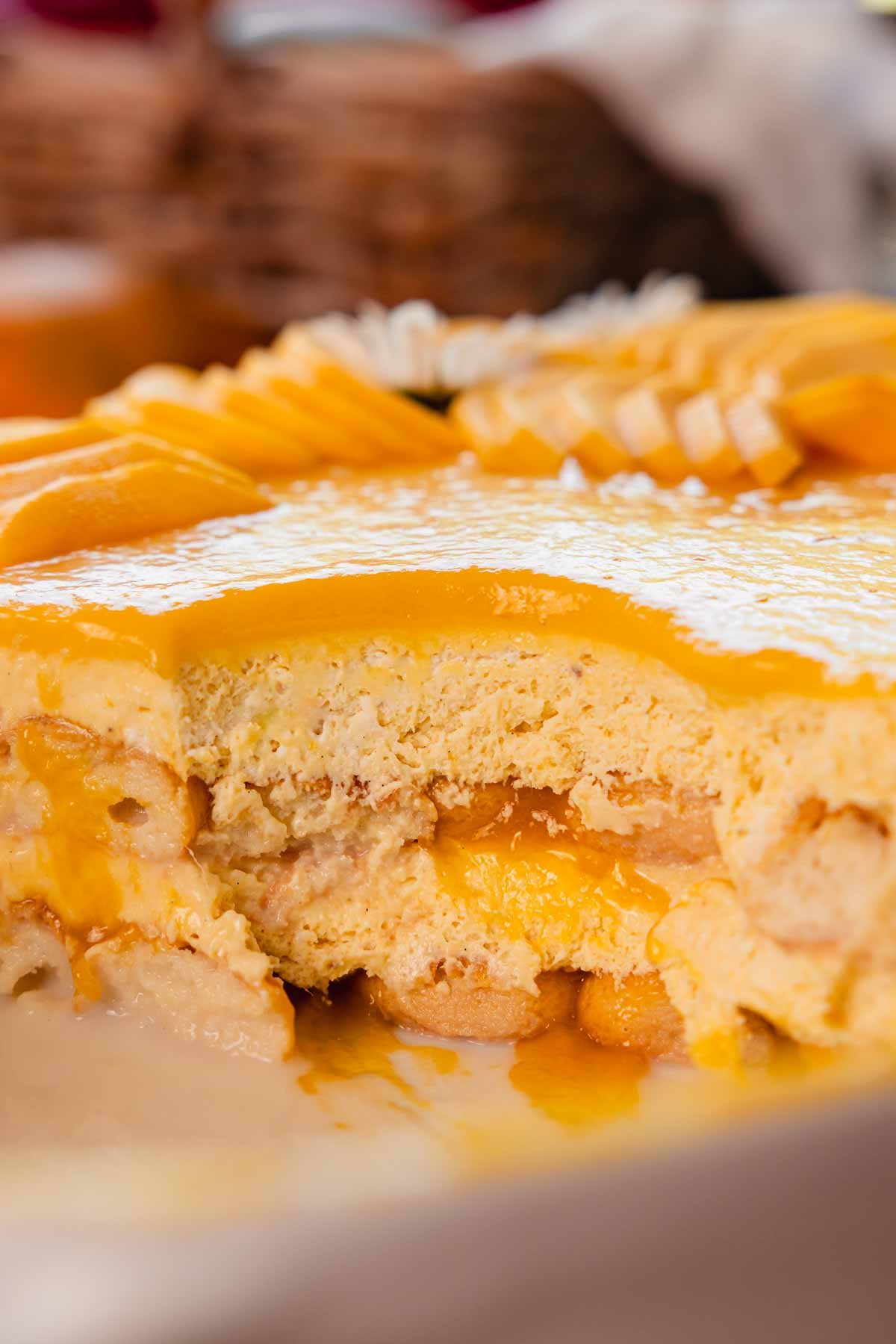 closeup of mango tiramisu texture