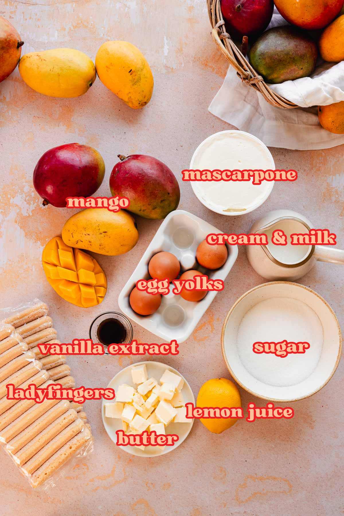 ingredients for mango tiramisu in bowls