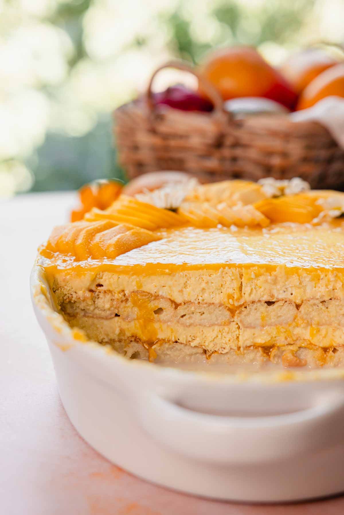 closeup of mango tiramisu texture in tray