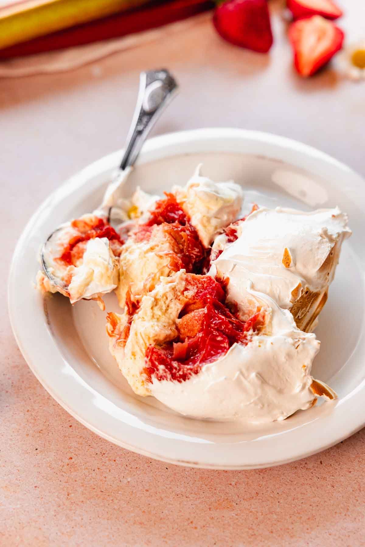 scoops of rhubarb custard trifle on a plate