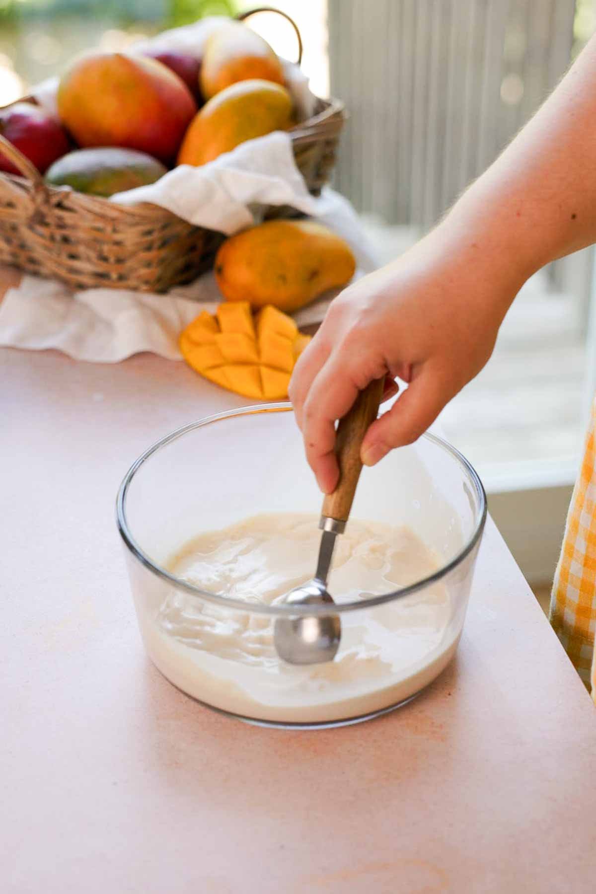 stirring milk, sugar, and vanilla in a bowl