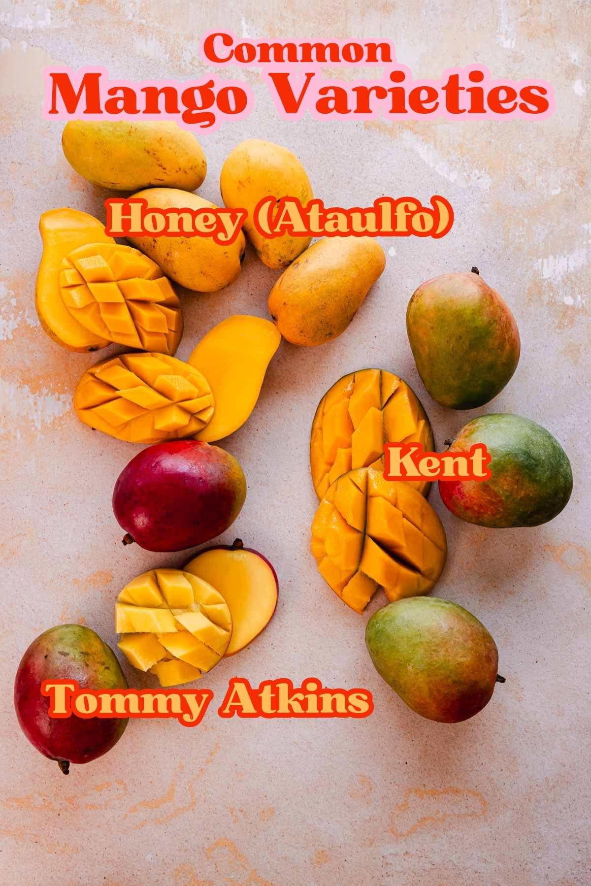 common mango varieties labelled and cut