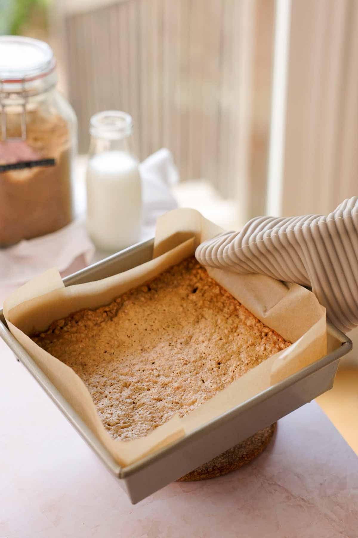 baked large oatmeal cookie in the pan right out of the oven