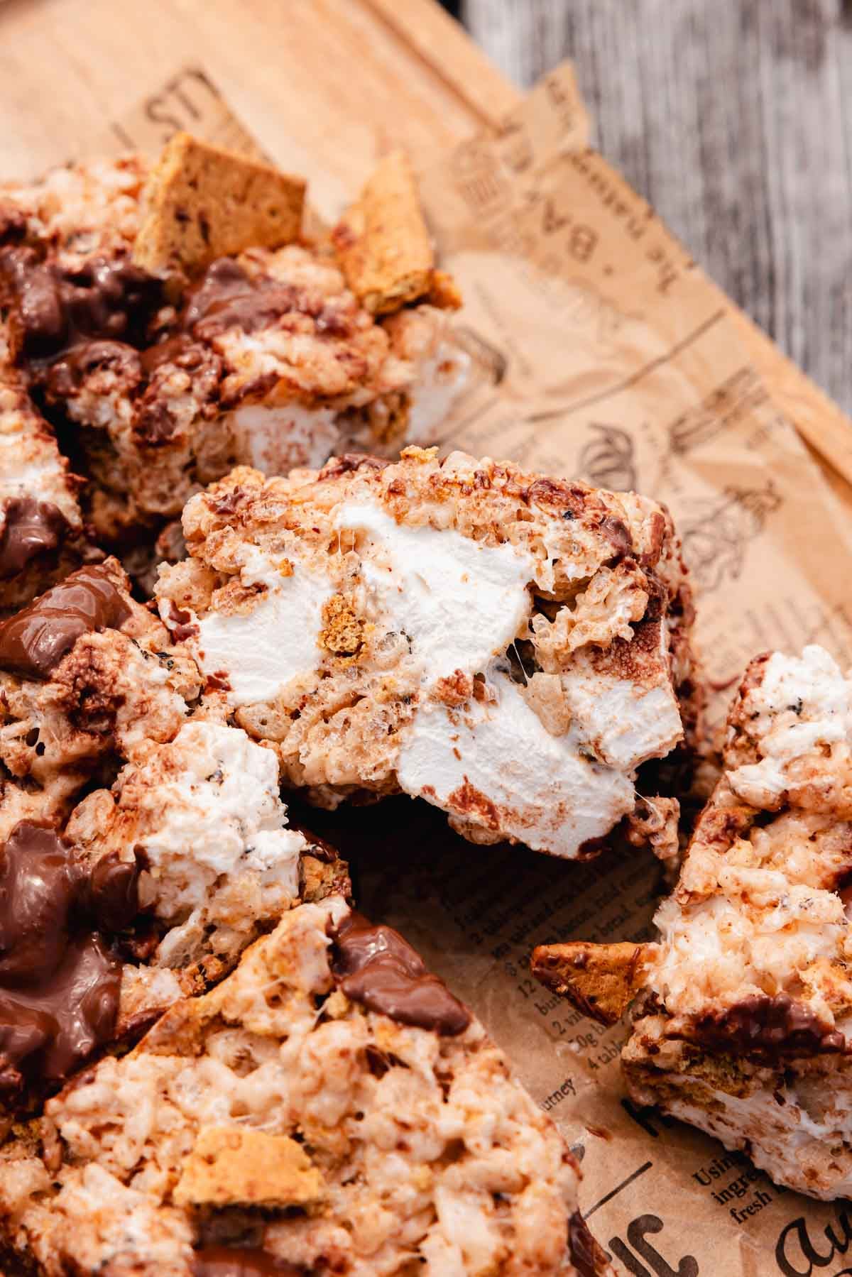 closeup of smores rice krispies treats with large marshmallow chunks