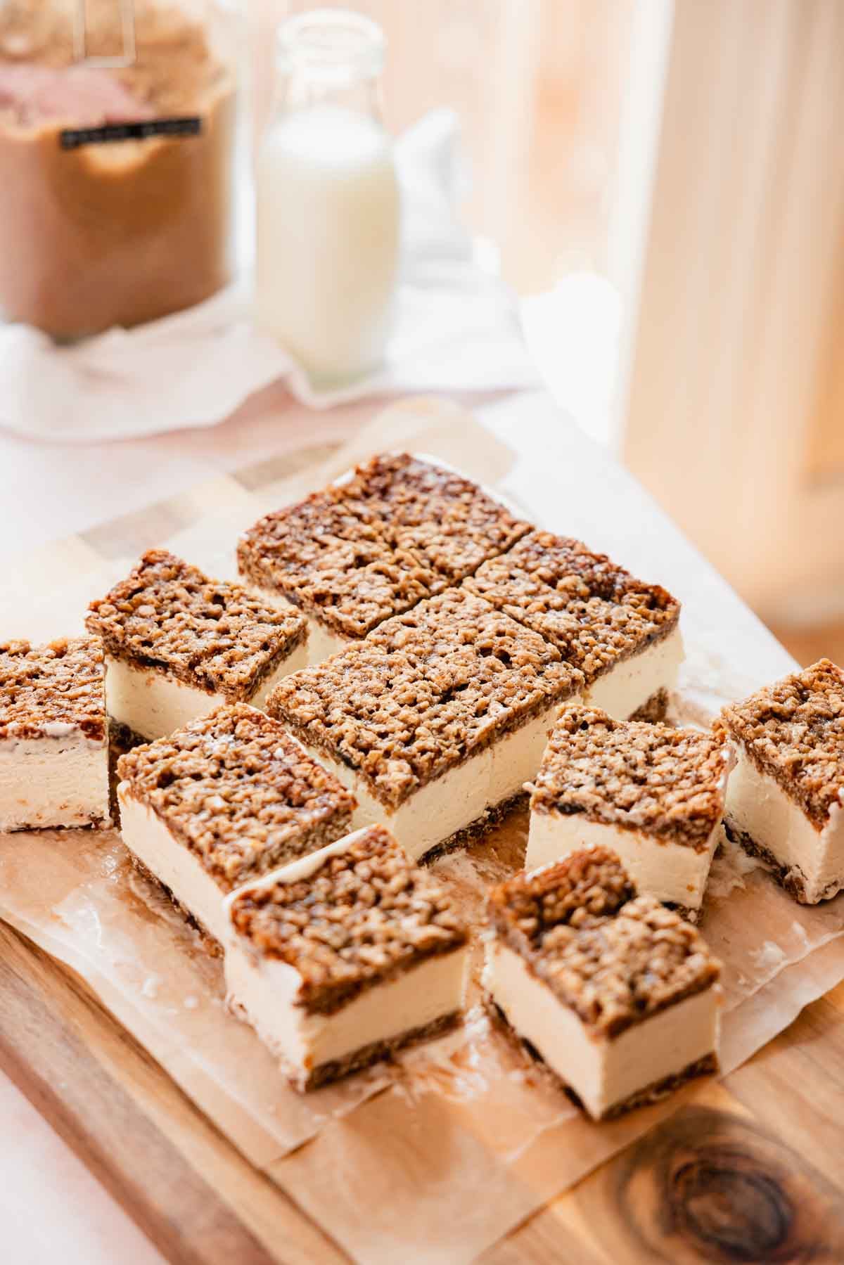oatmeal ice cream sandwiches homemade and sliced on a cutting board