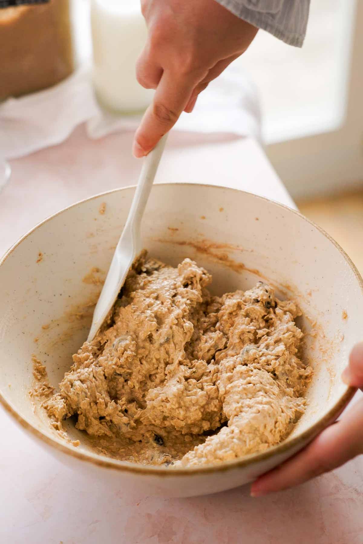 oatmeal raisin cookie dough in large bowl