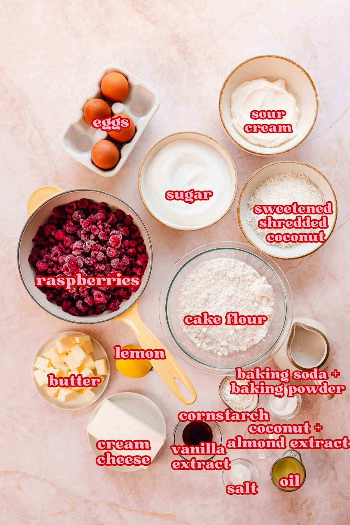 ingredients for raspberry coconut cake in bowls