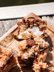 smores rice krispies squares with brown butter and extra marshmallows