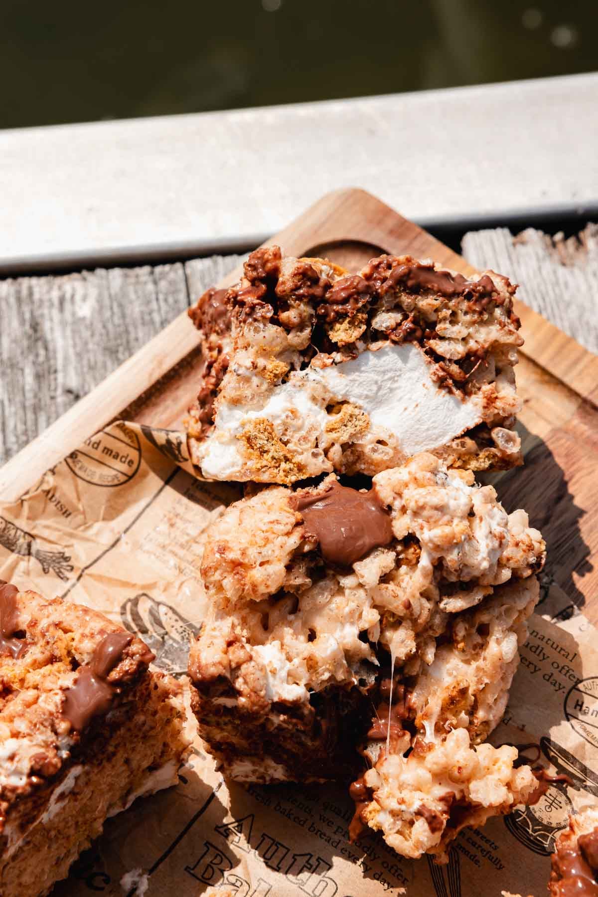 smores rice krispies squares with brown butter and extra marshmallows