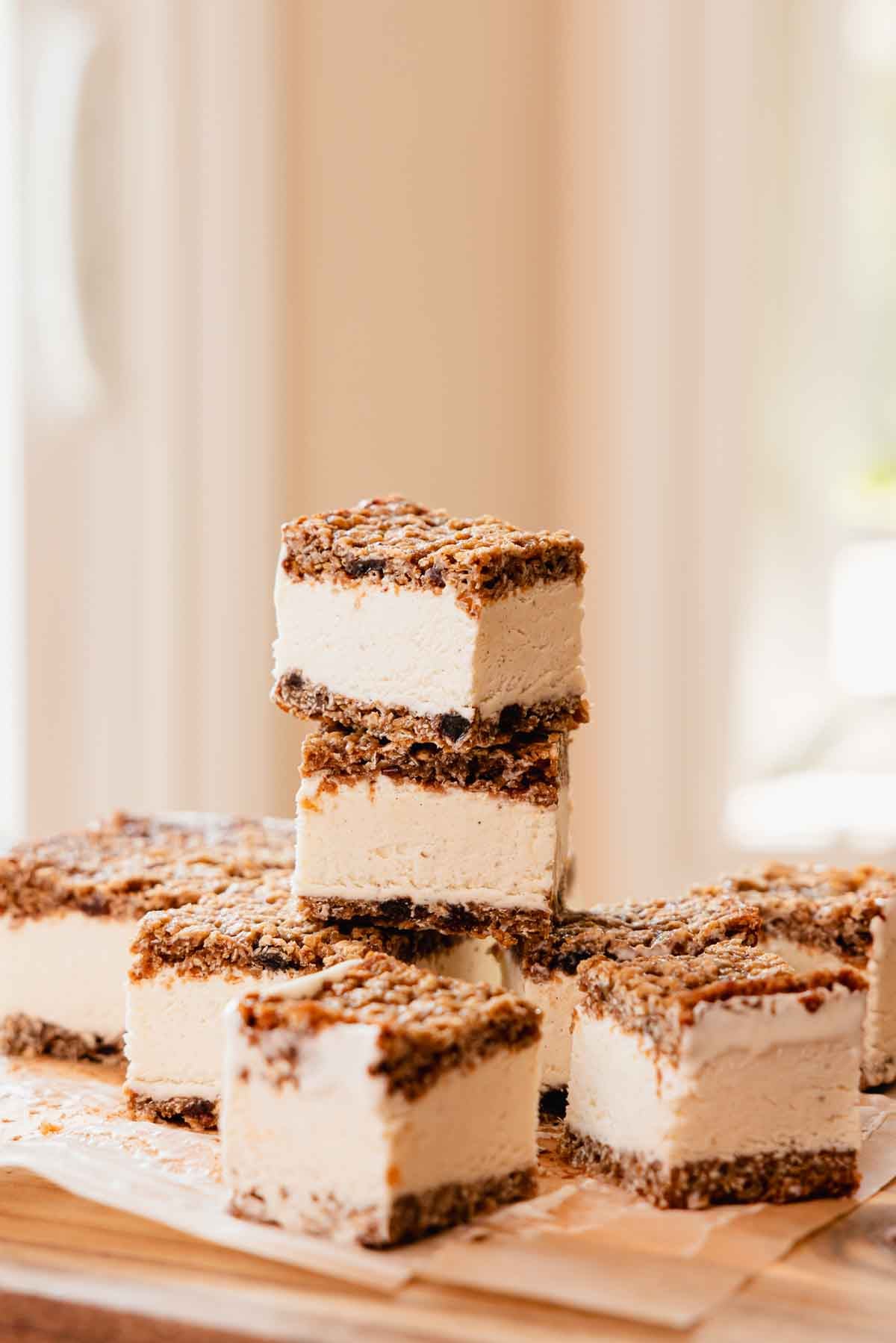 stacked ice cream sandwiches with oatmeal cookies