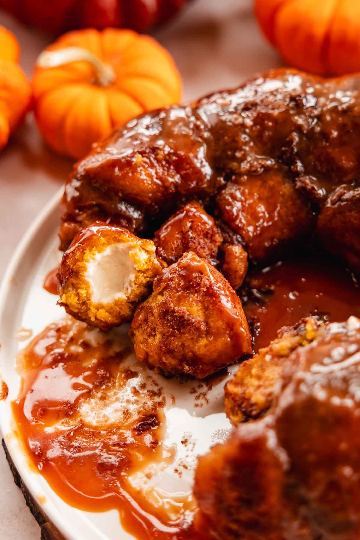 pumpkin monkey bread stuffed with cream cheese closeup