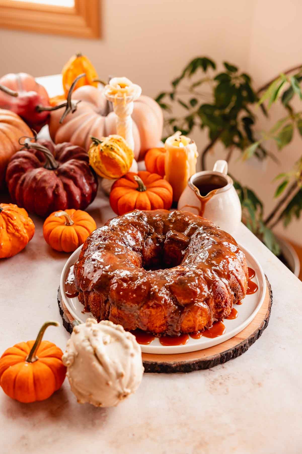 pumpkin monkey bread with salted caramel on plate
