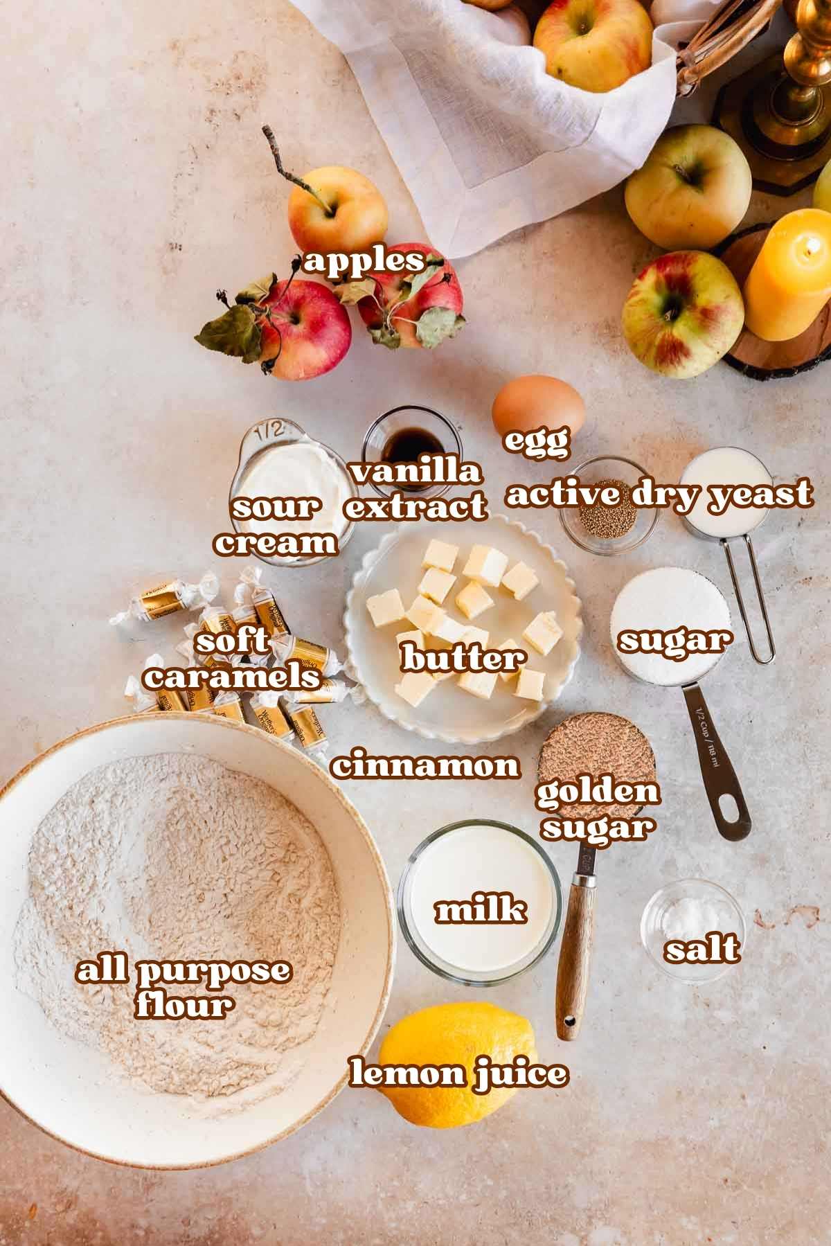 ingredients for apple monkey bread in bowls