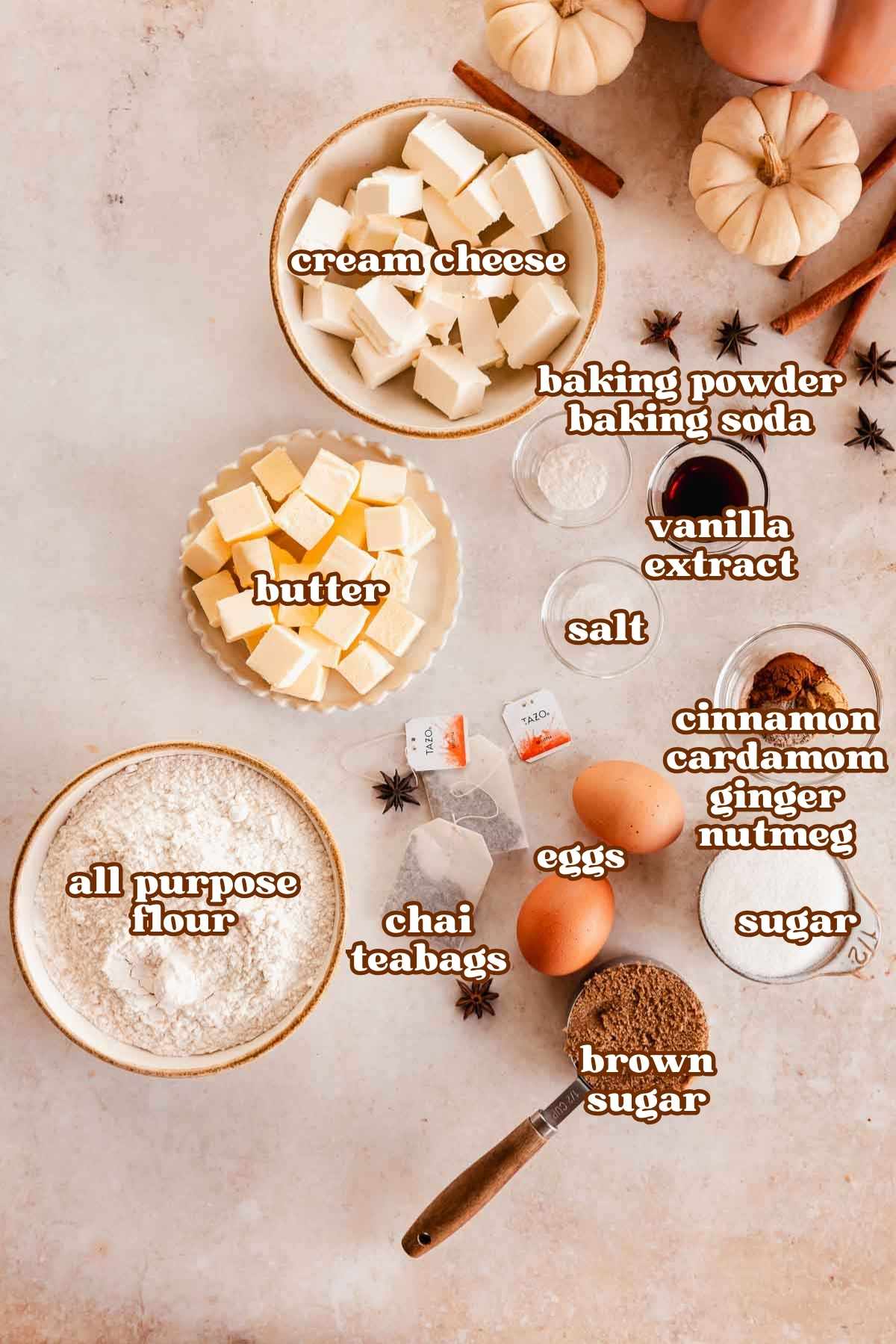 chai cookie ingredients in bowls