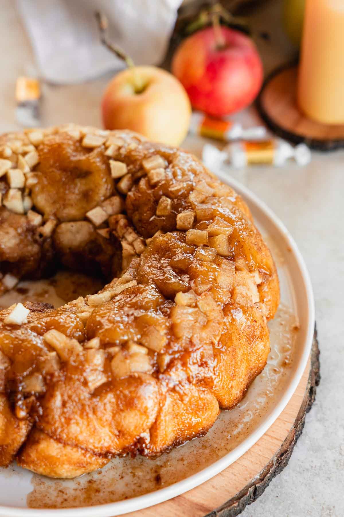 gooey apple caramel monkey bread with diced apples