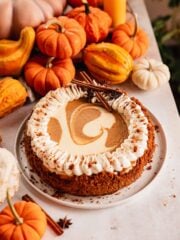 pumpkin pie cheesecake on a plate with whipped cream and swirls