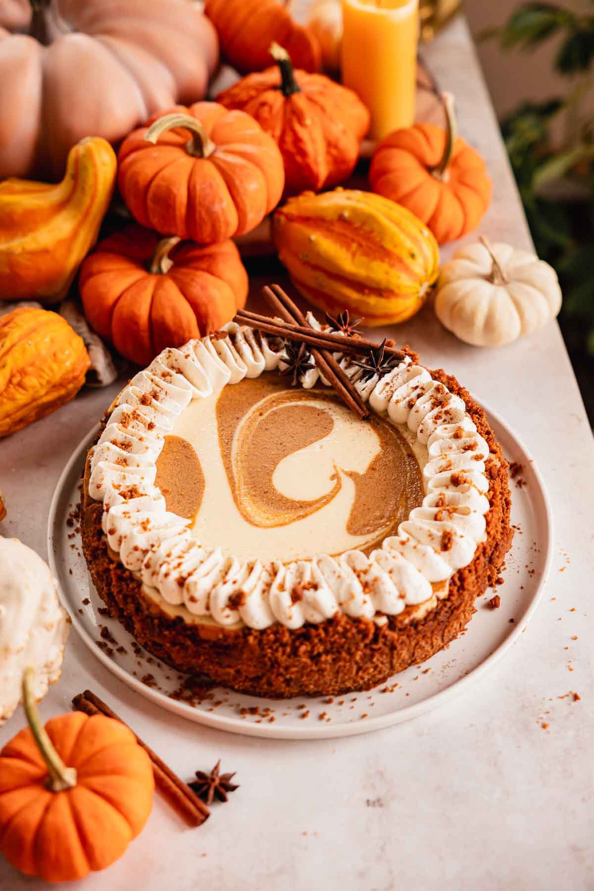 pumpkin pie cheesecake on a plate with whipped cream and swirls
