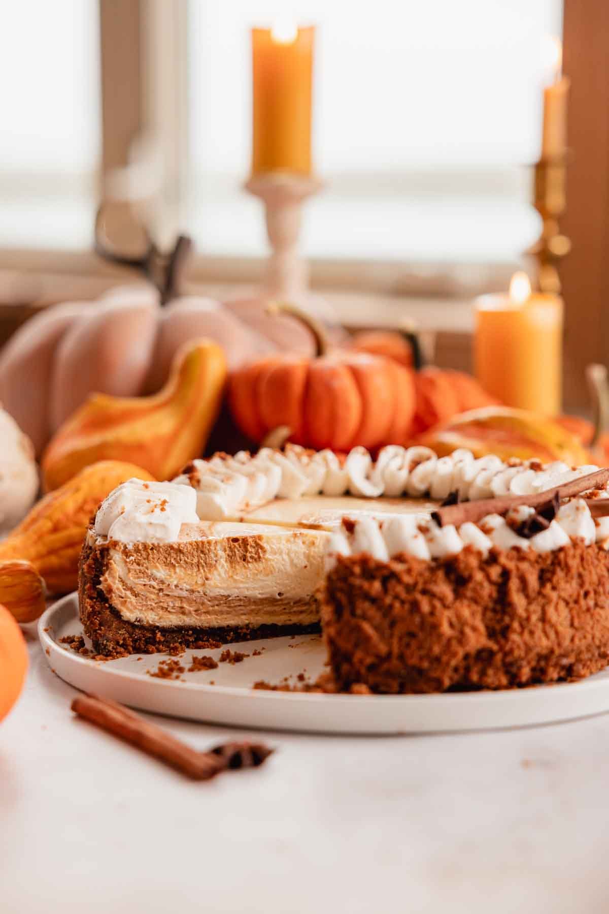 sliced creamy pumpkin pie cheesecake