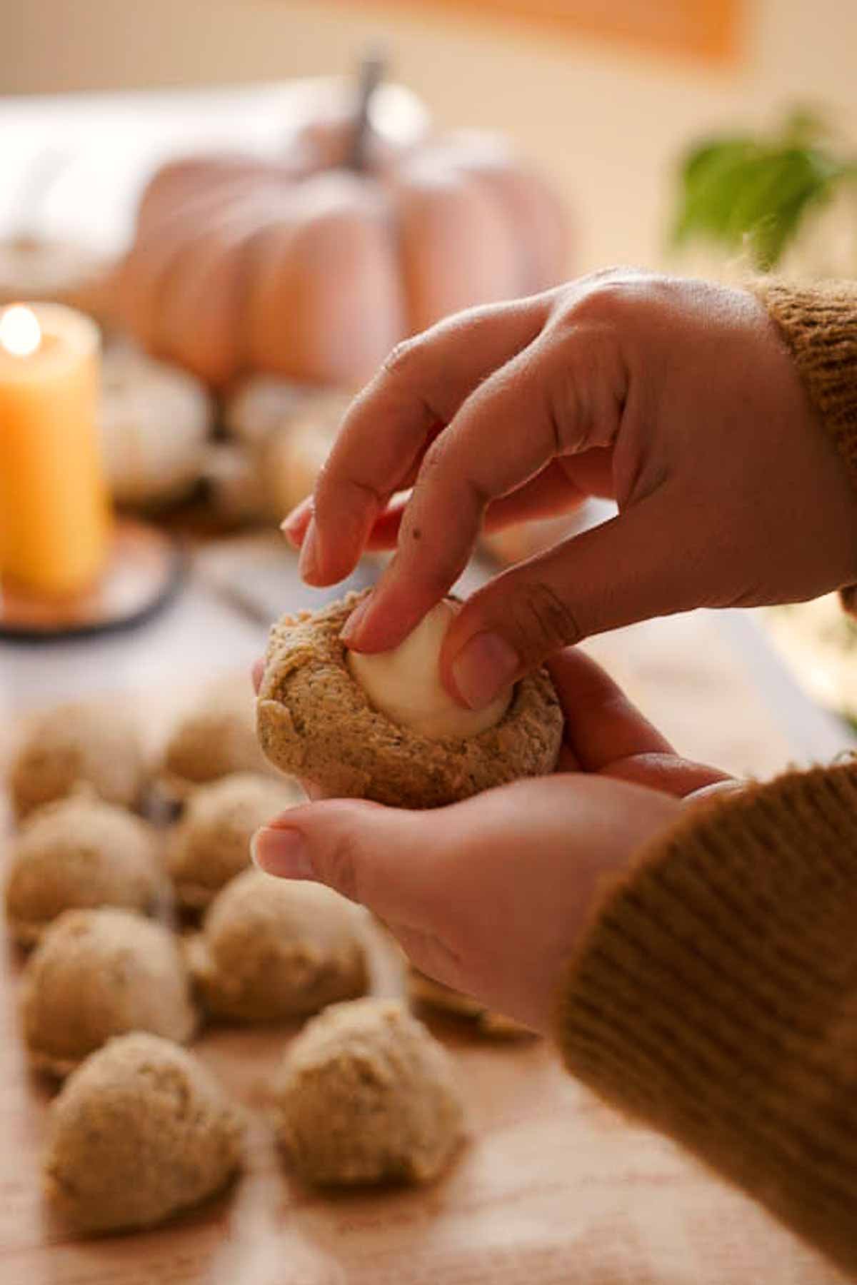 filling chai cookie dough with frozen cream cheese filling