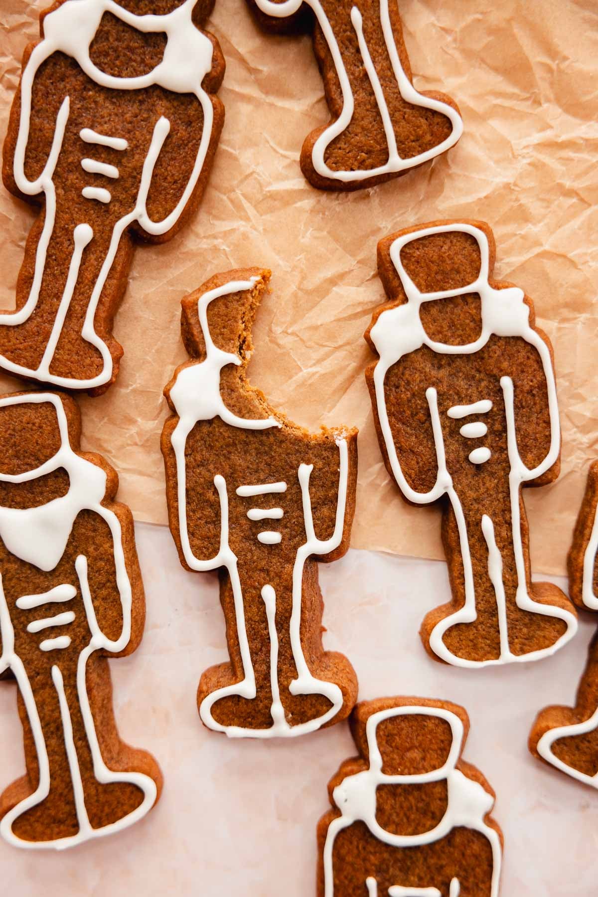 bitten nutcracker gingerbread cookie with piped icing outlines