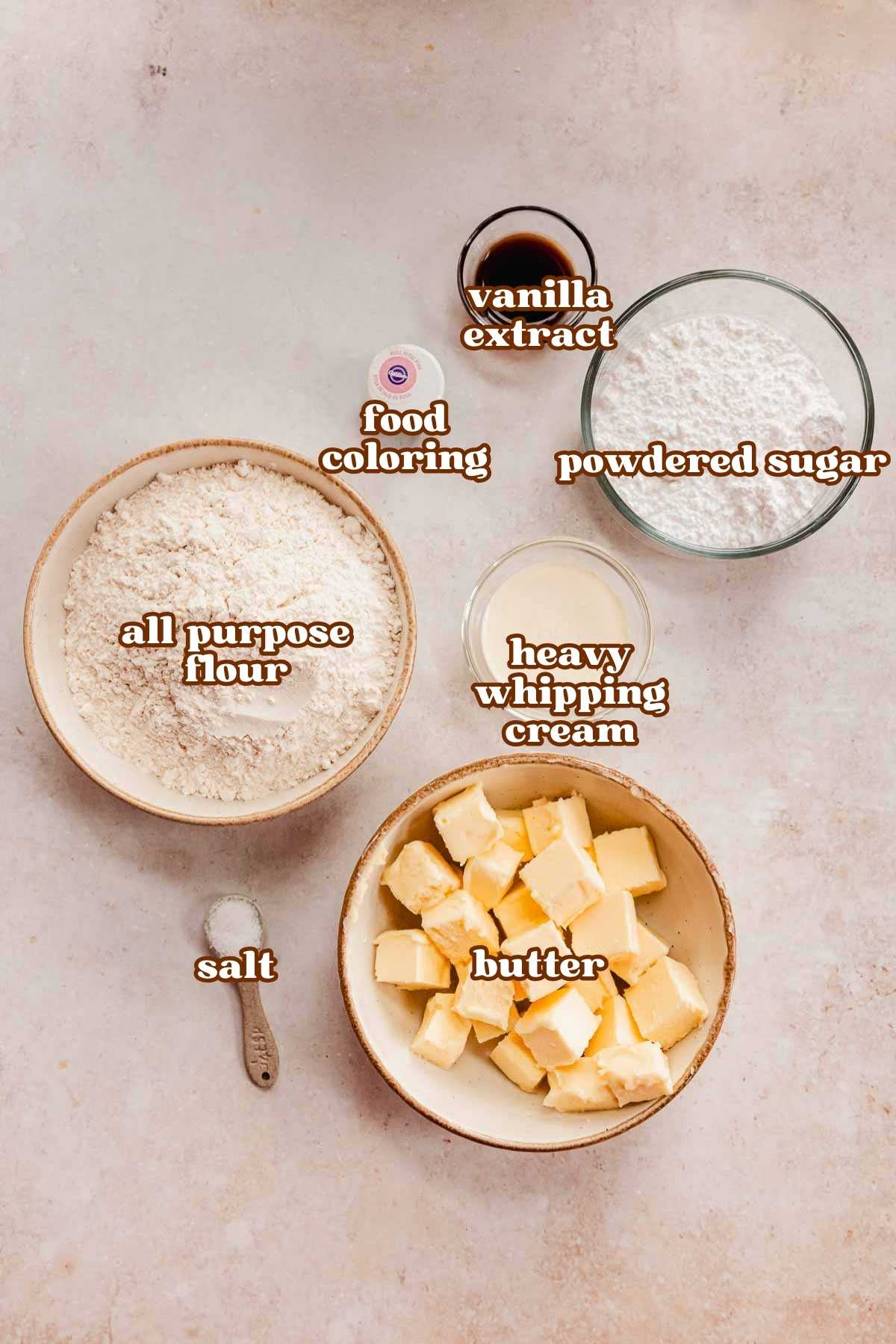 piped bow butter cookie ingredients in bowls