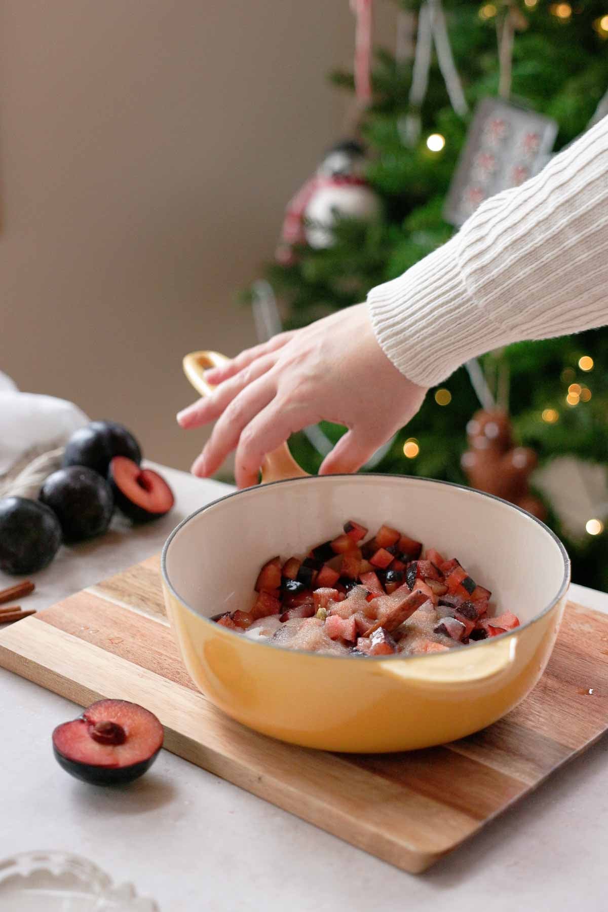 plum jam ingredients in saucepan ready to cook