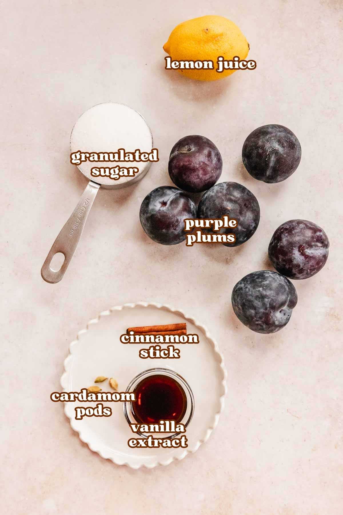 spiced plum jam ingredients in bowls