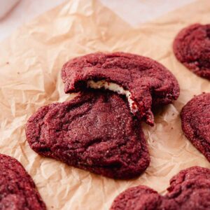 red velvet cookies with cheesecake filling shaped into hearts