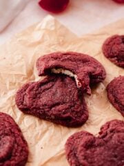 red velvet cookies with cheesecake filling shaped into hearts