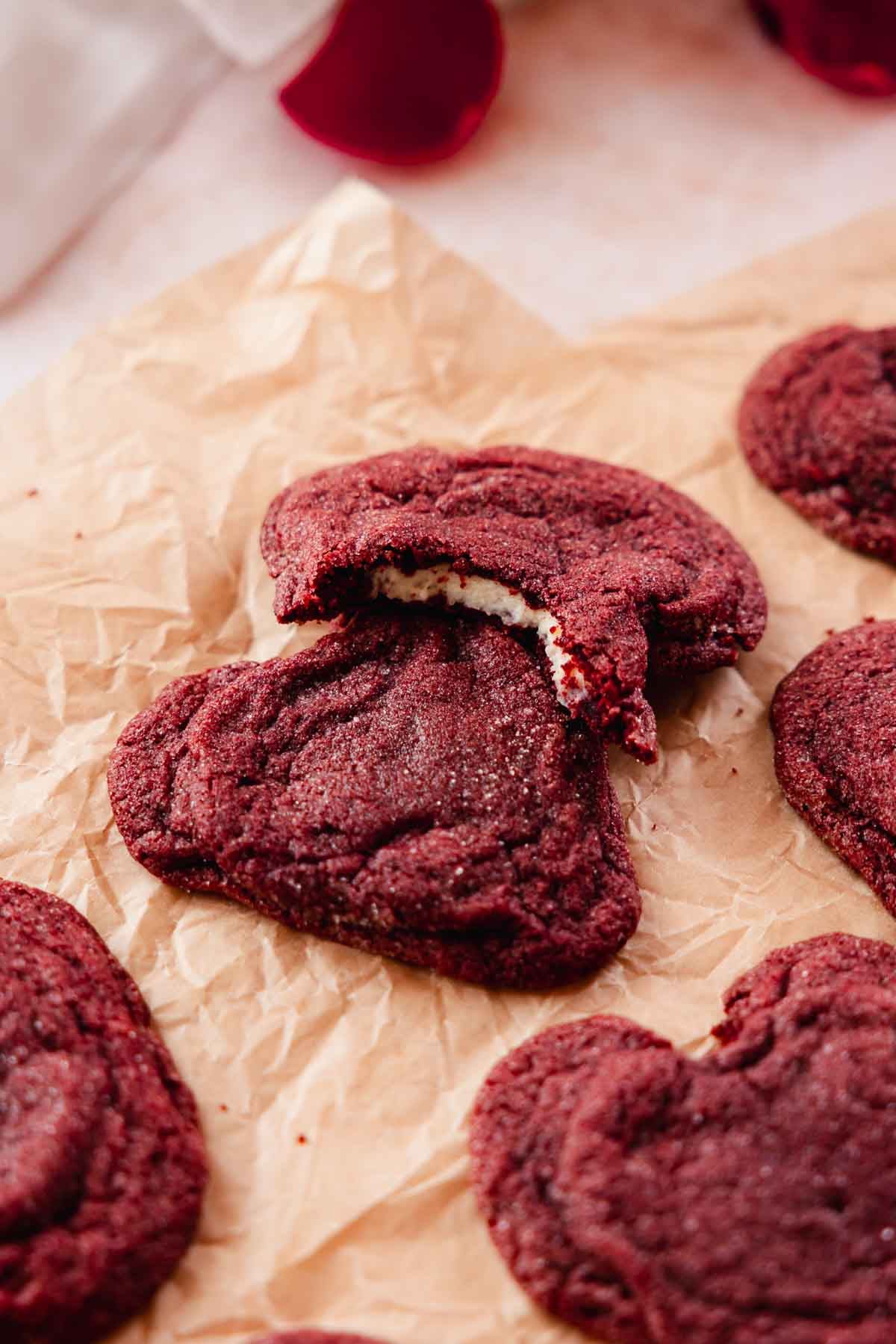 red velvet cookies with cheesecake filling shaped into hearts