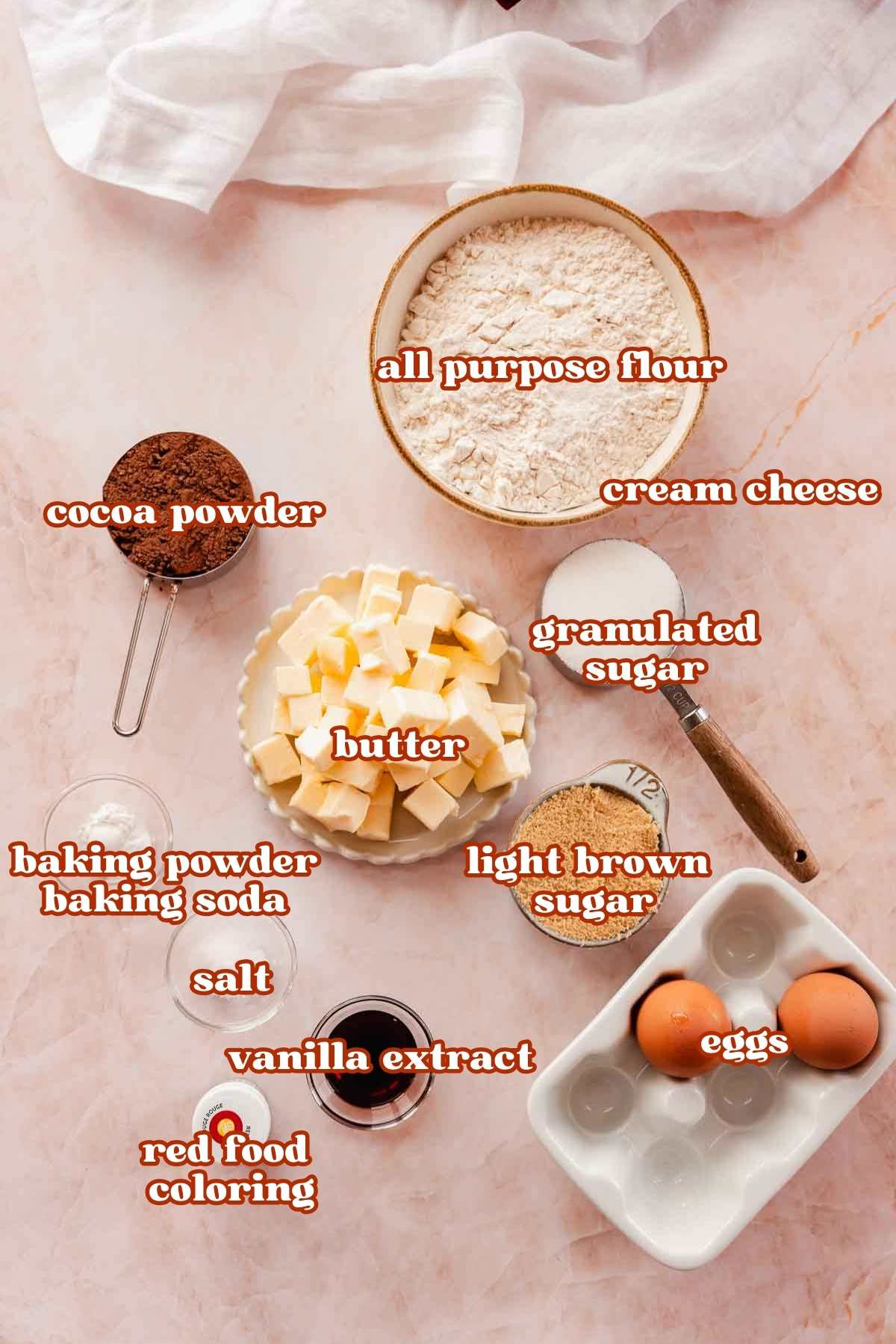 ingredients for red velvet cookies in bowls