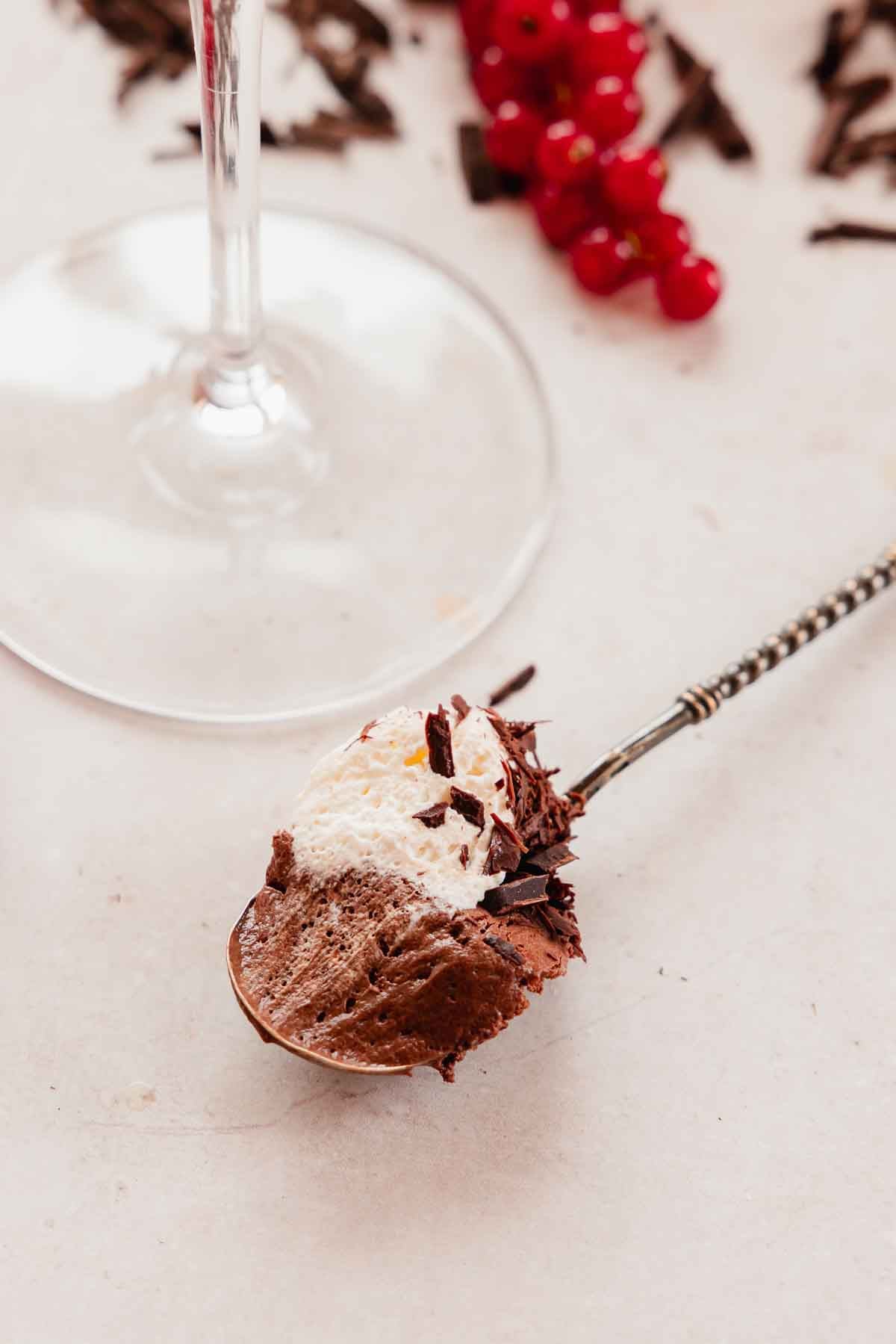 creamy red wine chocolate mousse in spoon