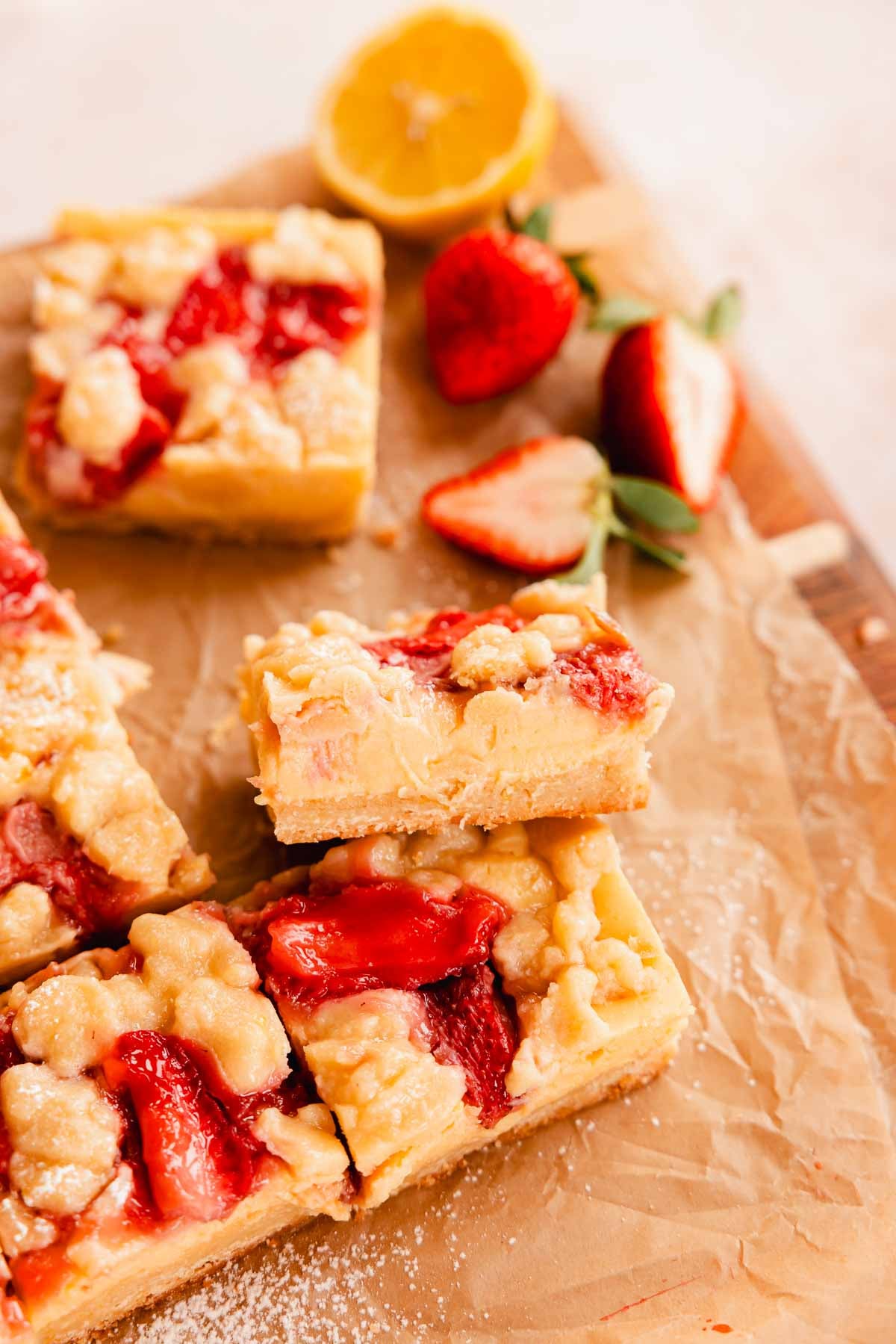 creamy lemon strawberry bars with shortbread crust