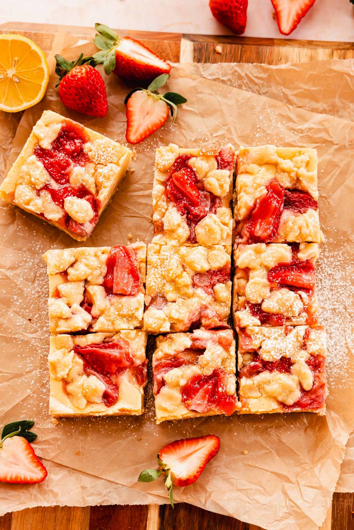 strawberry lemon crumb bars cut into squares