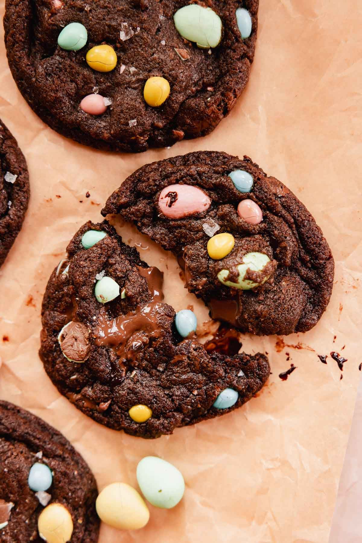 gooey mini egg cookie with flaky salt and pool of chocolate