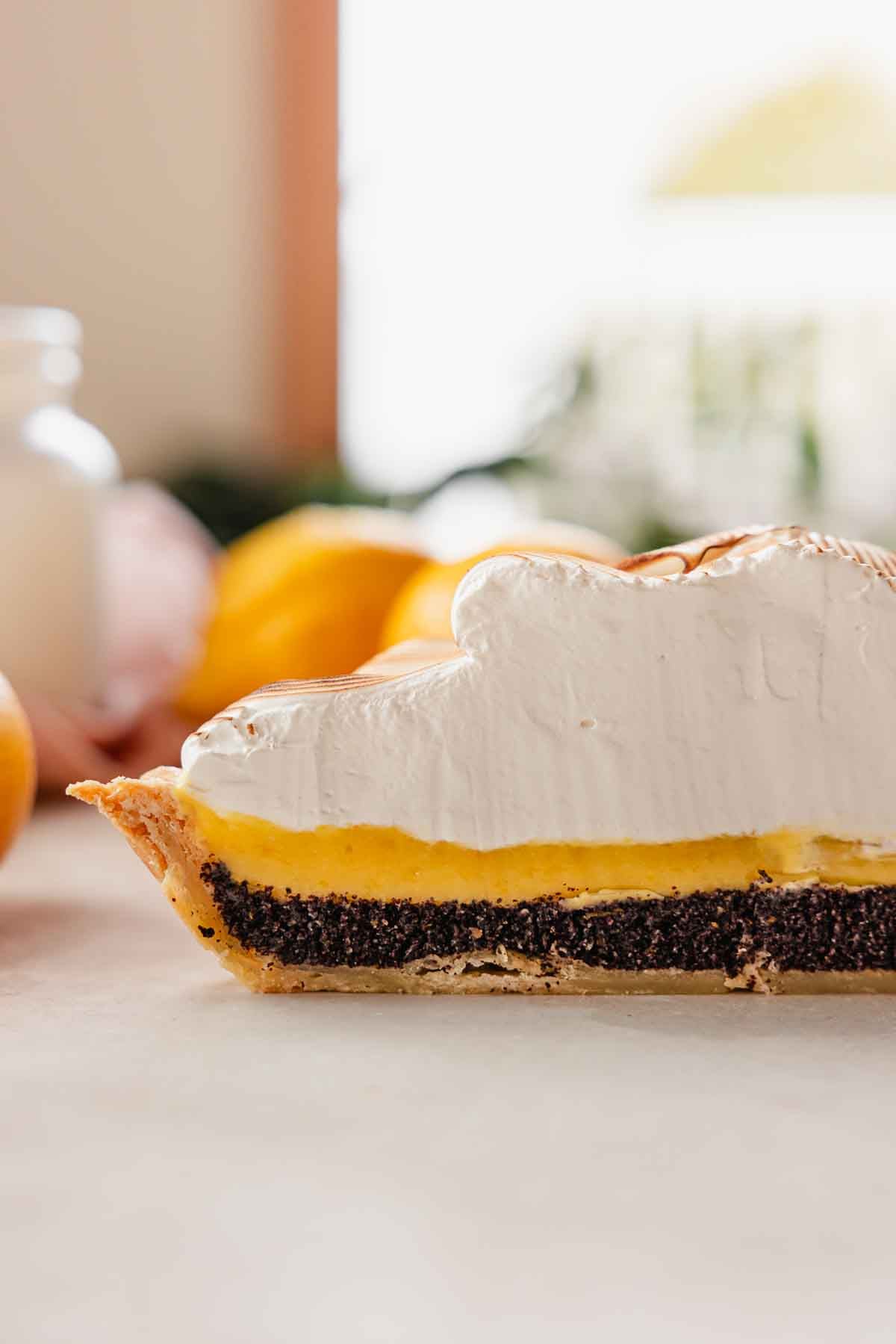 cross section of lemon poppy seed meringue pie