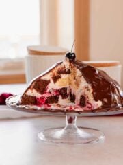 chocolate volcano cake cut to see cross section on cake stand