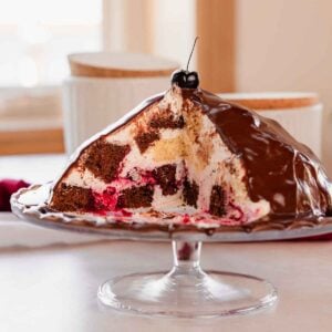 chocolate volcano cake cut to see cross section on cake stand