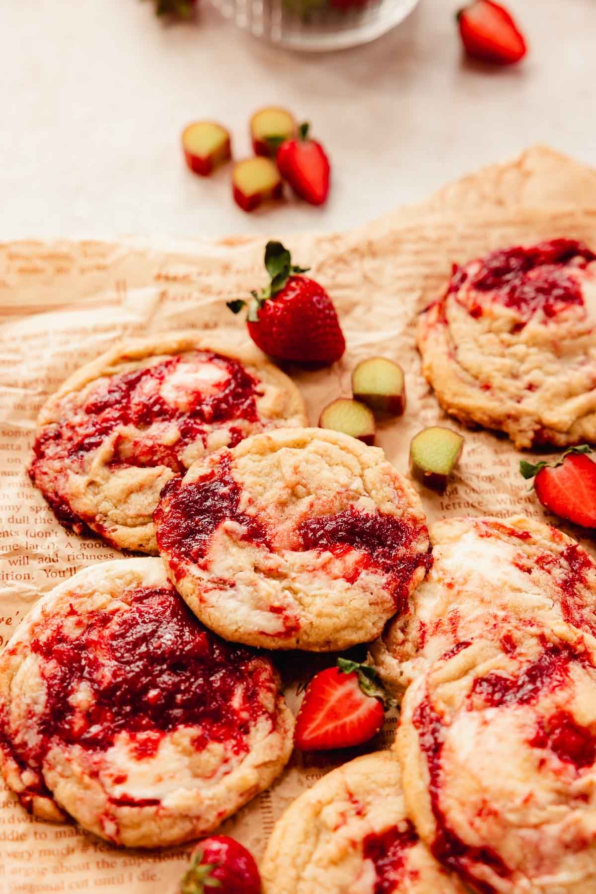 7 rhubarb swirled cookies on parchment paper