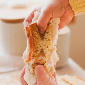 breaking stretchy butter mochi sandwich in half