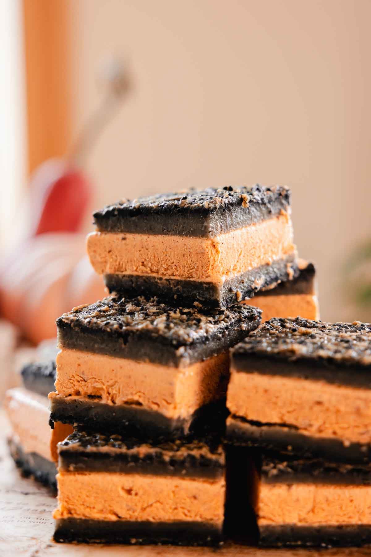 stacked pumpkin spice black sesame butter mochi ice cream sandwiches