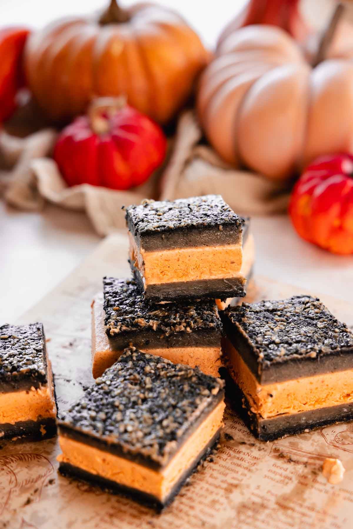 black sesame butter mochi with pumpkin spice ice cream in the middle