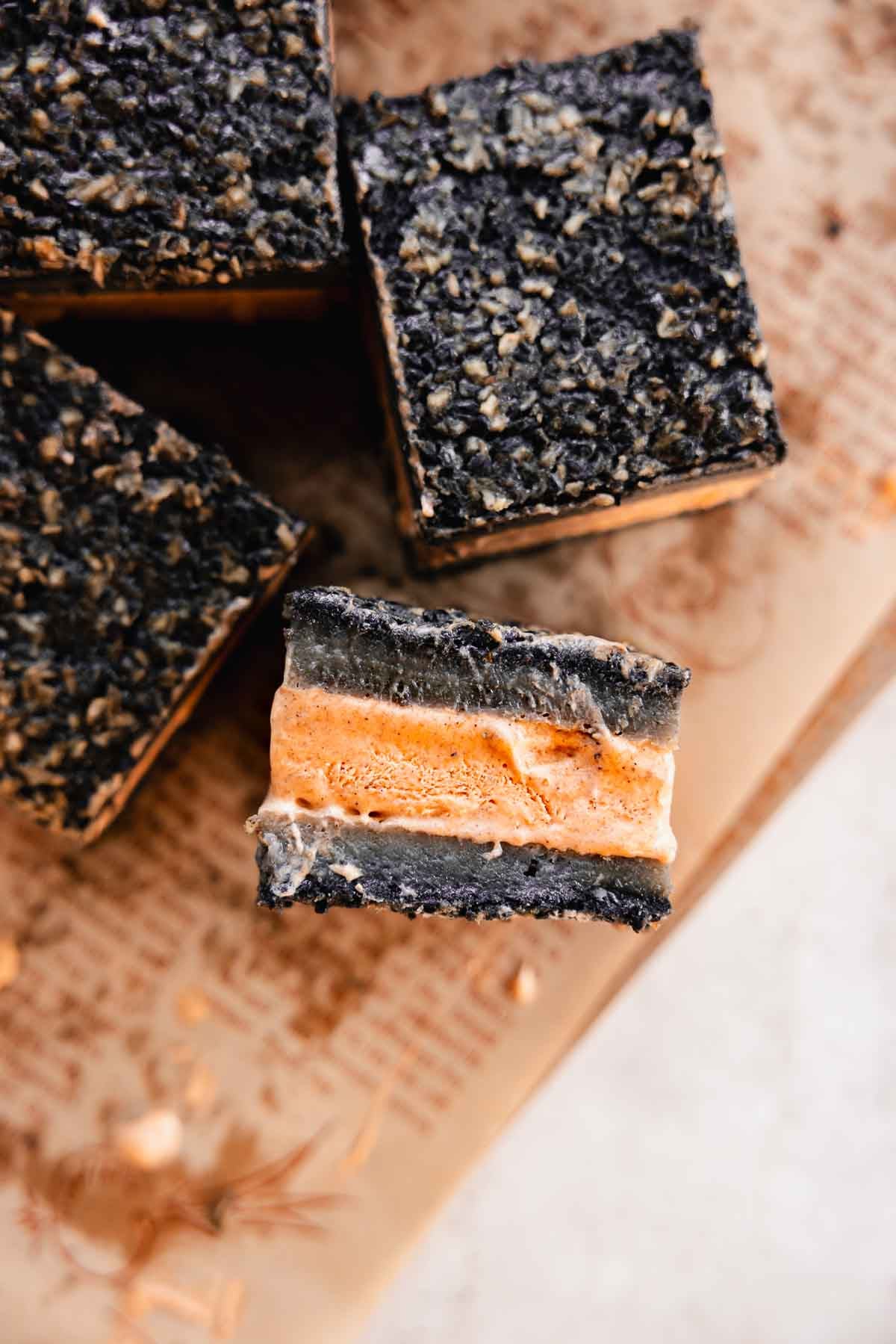 black sesame butter mochi surrounding pumpkin spice ice cream