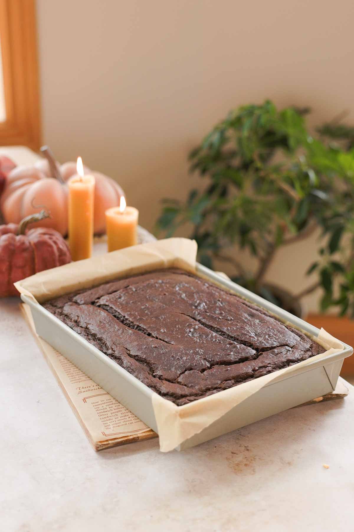 baked pumpkin chocolate cake in rectangle cake pan lined in parchment paper