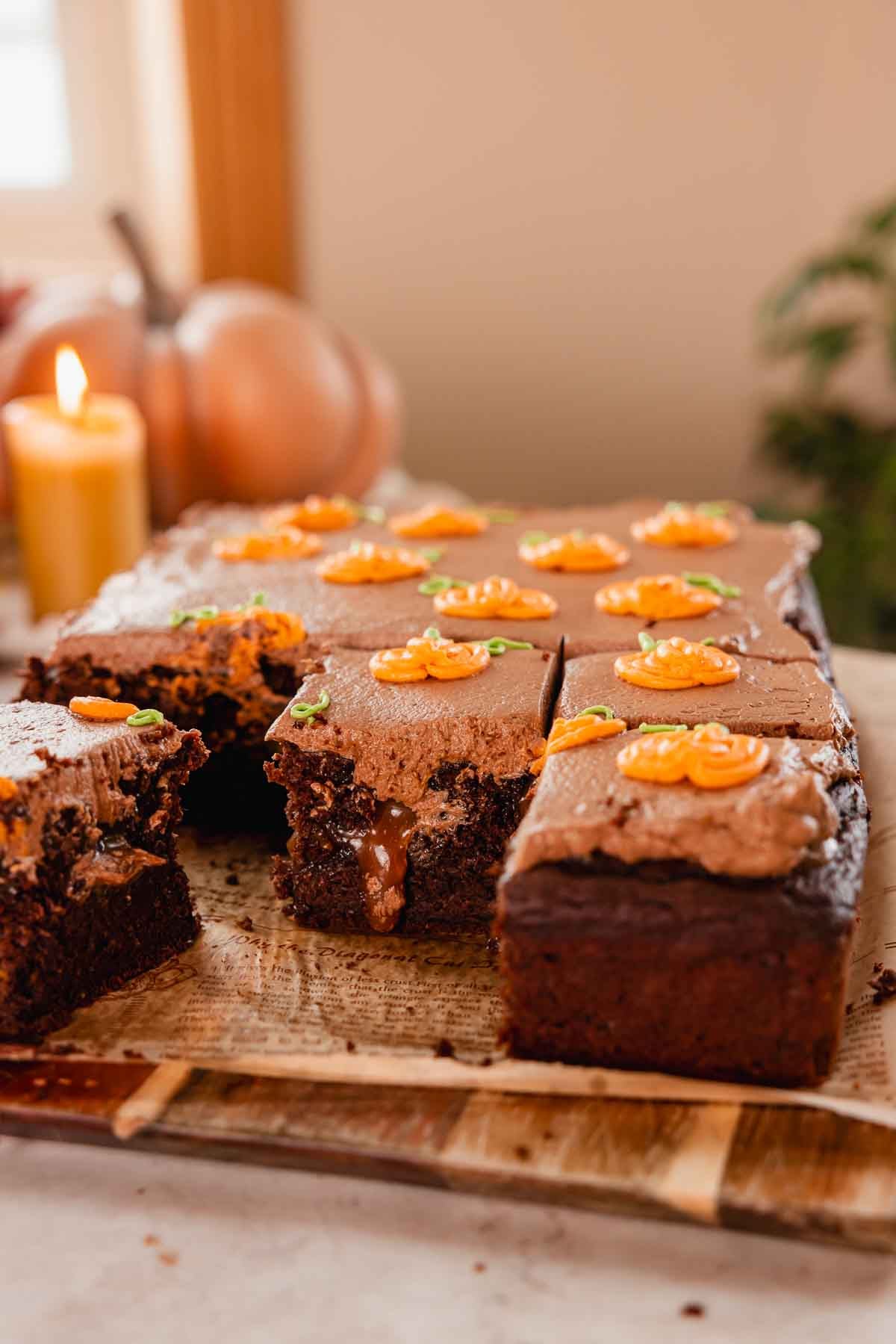 moist pumpkin chocolate sheet cake with gooey caramel