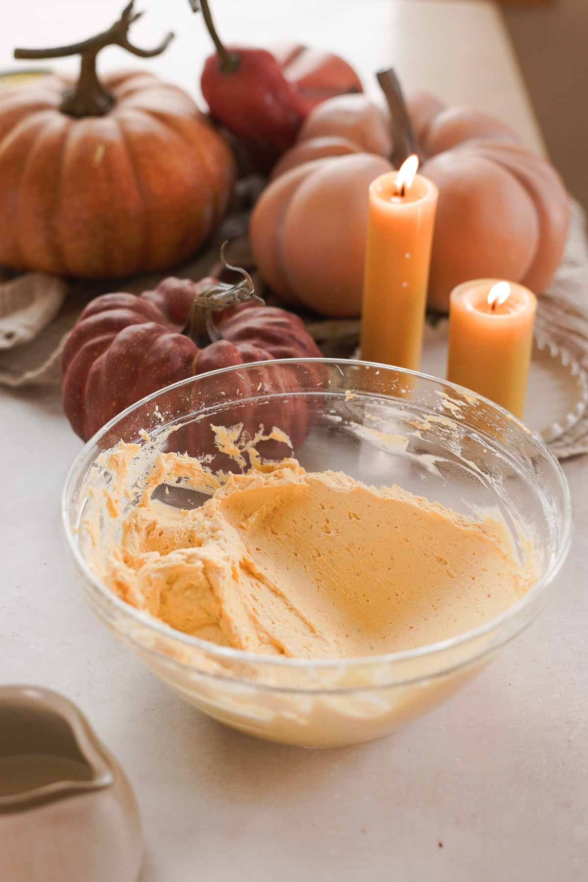 whipped pumpkin buttercream in large glass bowl